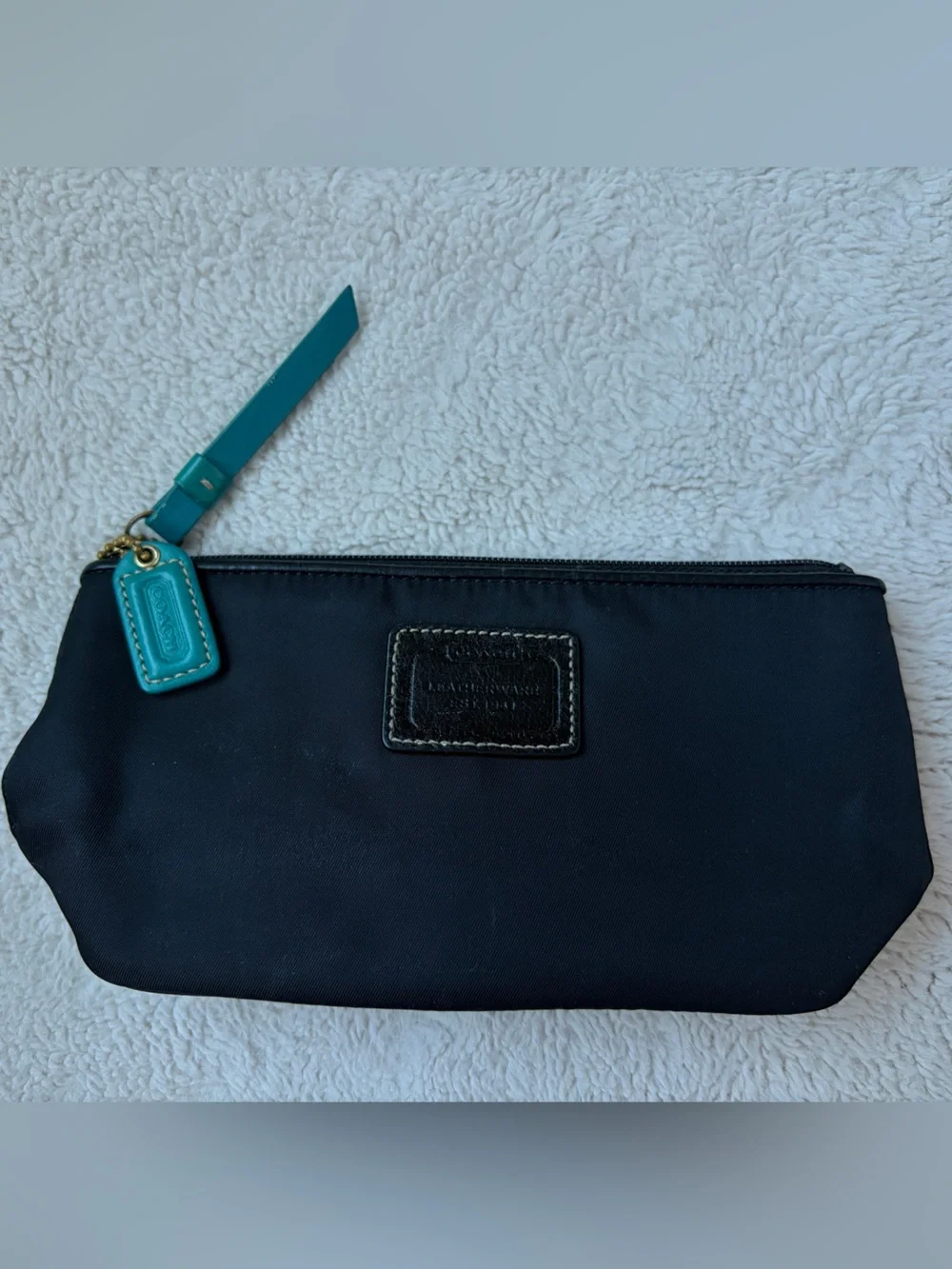 Coach Leatherwear Black Nylon Cosmetic Pouch with Teal Accent